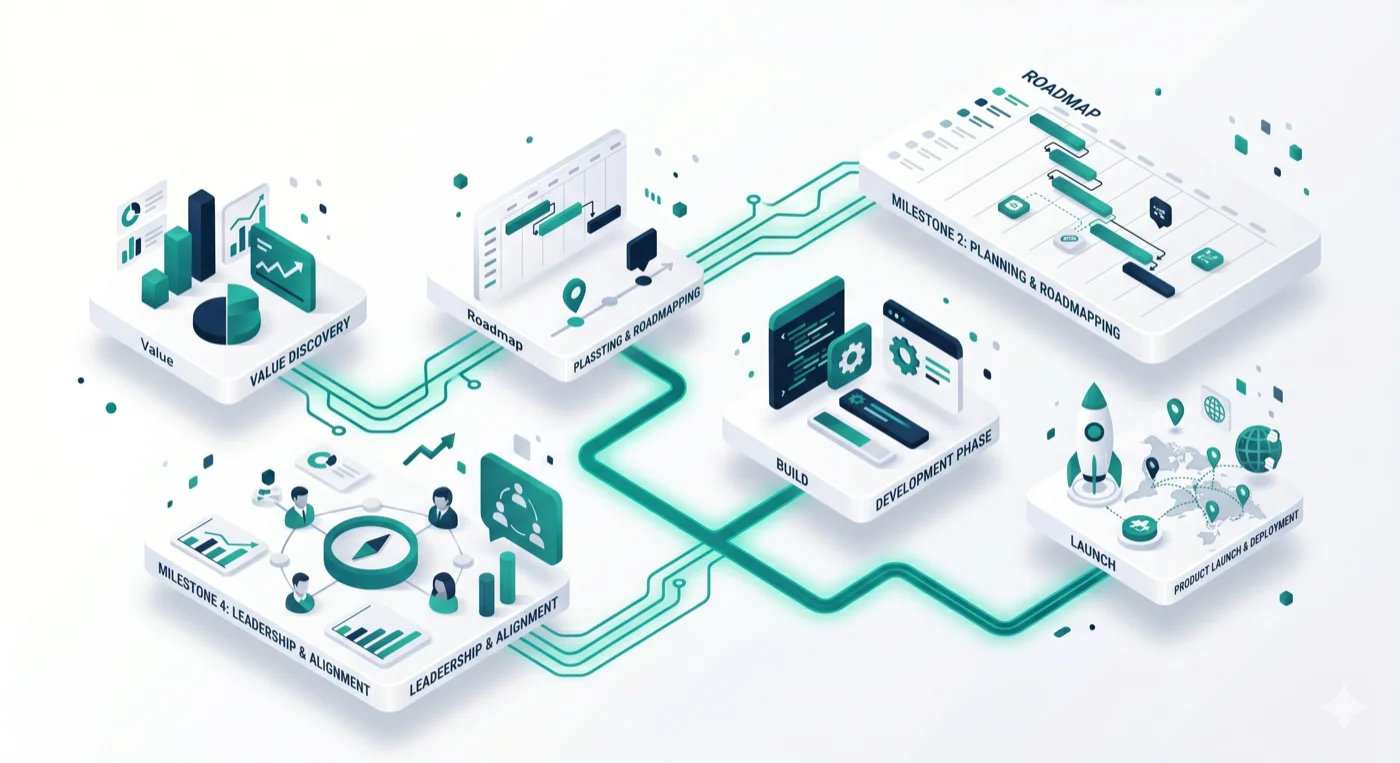 Isometric diagram of connected product strategy and technology execution workstreams